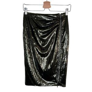 Reiss Leena Metallic Olive Tensile Mini Side Zip Holiday Skirt Size 4